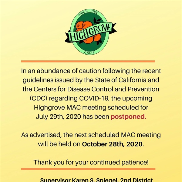 July 29th Highgrove MAC Meeting Postponed