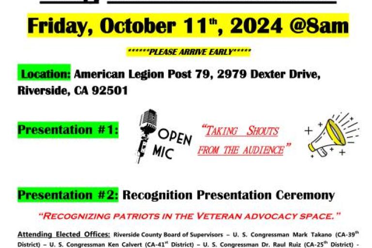 Join us for the Legislative Breakfast with Recognition Presentation Ceremony hosted by the Riverside County Veterans Advisory Committee on Friday, October 11, 2024, at 8:00 AM. This special event will take place at the American Legion Post 79, located at 2979 Dexter Drive, Riverside. This event occurs every 2nd Friday of the month at 8 AM (excluding November and January) and is open to the public. Expect engaging speaker presentations and a Q&A session lasting over an hour, followed by a dedicated networki