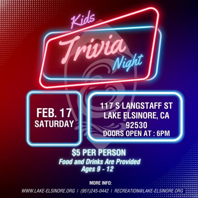Lake Elsinore Kids Trivia Night