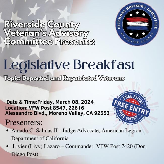 The Riverside County Veterans Advisory Committee's Legislative Breakfast