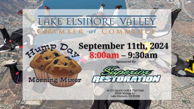 The Hump Day Morning Mixer is a free event hosted by the Lake Elsinore Valley Chamber of Commerce and Next Young Professionals. Attendees are encouraged to bring business cards, brochures, and flyers for networking opportunities. Additionally, each mixer features an exciting 50/50 Raffle.  This mixer is held on the second Wednesday of every month, providing a valuable opportunity to connect with the local business community.