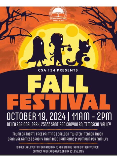 Join CSA 134 at Deleo Park on Saturday, October 19,2024 for our annual Fall Festival. Trunk or treat will be held along with carnival games, spooky train ride, and take home a pumpkin to decorate (ONE pumpkin per family)