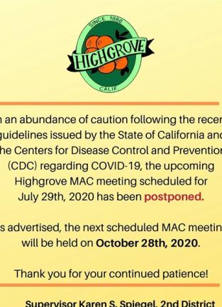 July 29th Highgrove MAC Meeting Postponed